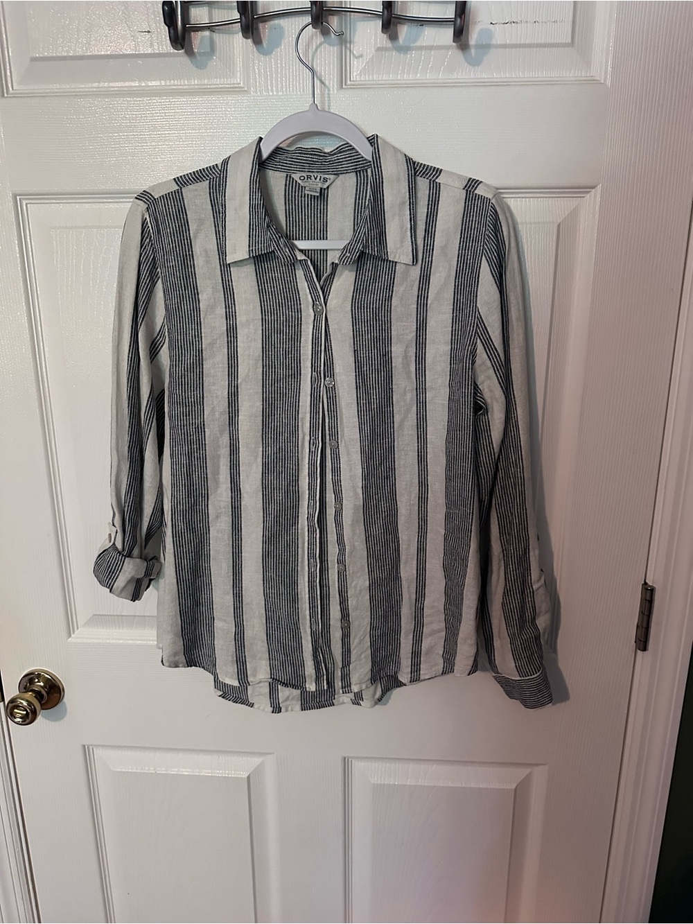 Orvis White and Black Vertical Stripe Button-Down Shirt